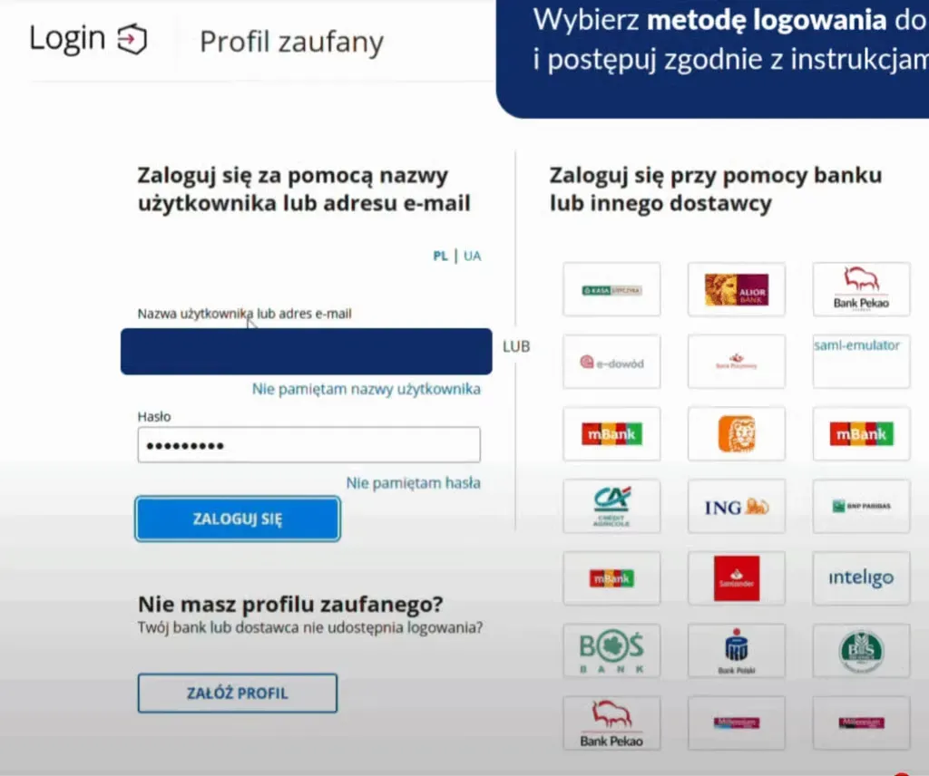 Ekran logowania do profilu zaufanego