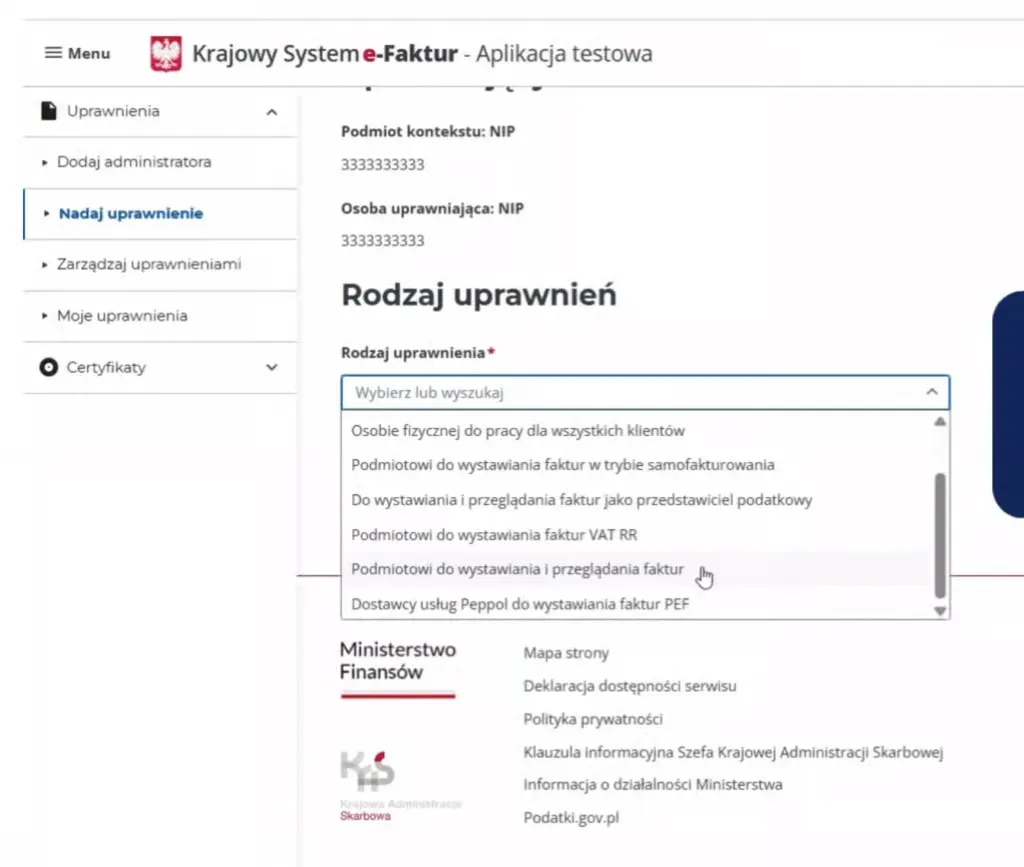 Lista rodzajów uprawnień z opcją wystawiania i przeglądania faktur