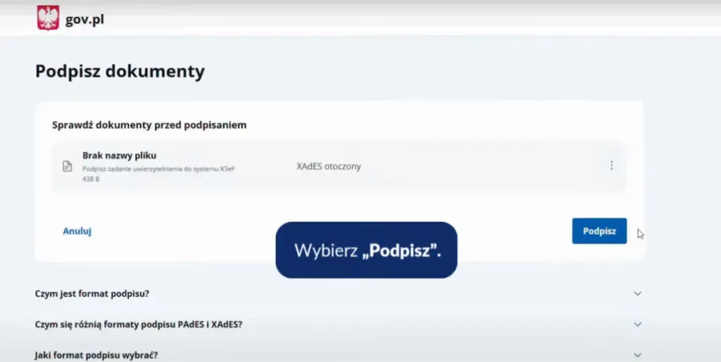 Obrazovka s volbou podpisu důvěryhodným profilem